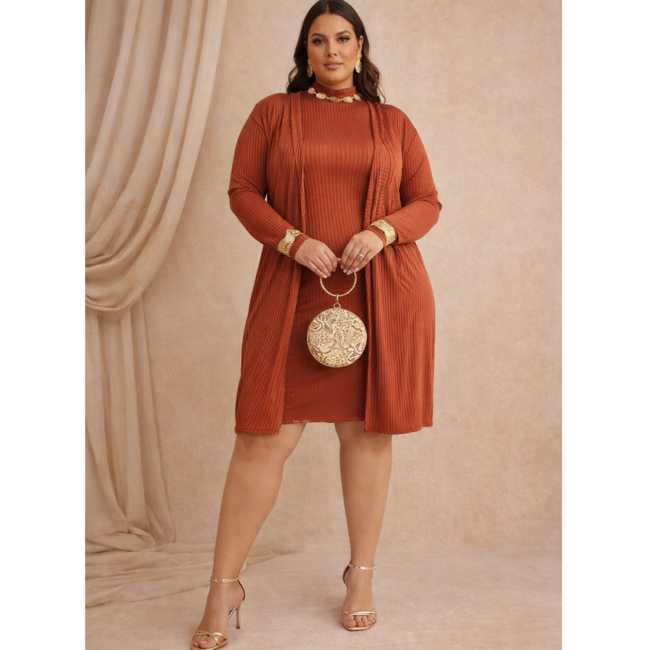 Kimono Plus Size com Vestido Midi Regata Manga Longa Moda Evangelica