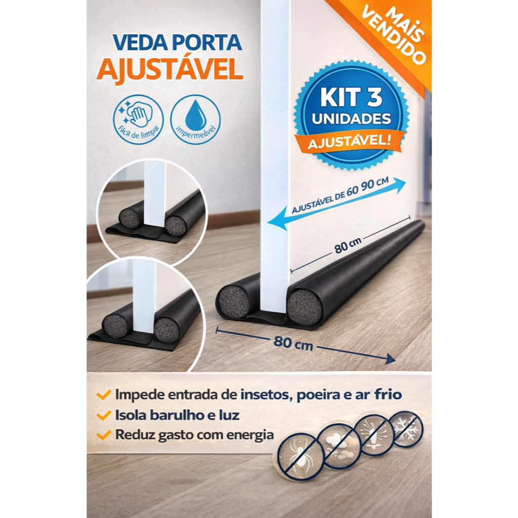 Veda Porta Anti Insetos Poeira e Vento 80cm 90cm 100cm Protetor Vedação Porta Ajustável