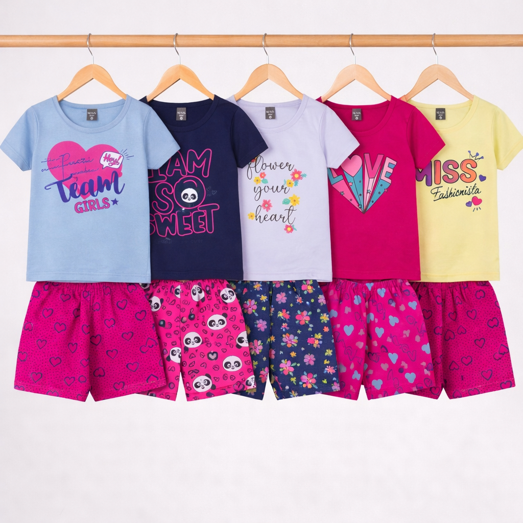 Kit 5 Conjuntos Infantis Menina 10 Peças 5 Blusas + 5 Shorts Estampas Sortidas Diversas Verão Kids