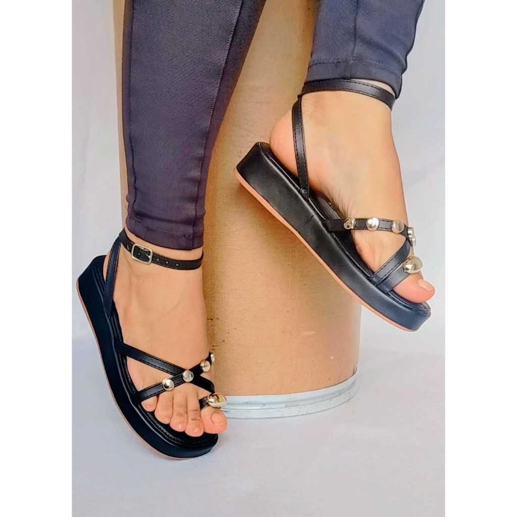 Sandália Feminina Plataforma Flatform Amarração Cruzada Plataforma Strass Macio Confortável — imagem 2 de 2