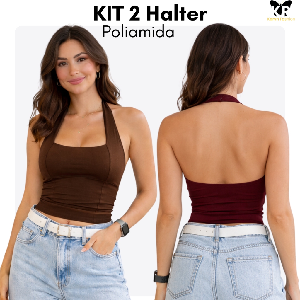 Kit 2 Blusa Frente Única Feminina Poliamida Halter Neck Estilosa Ajustada Confortável