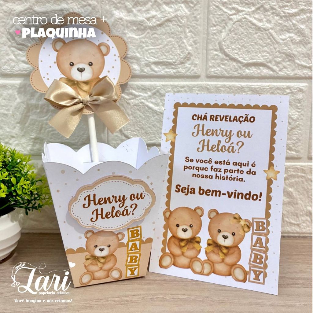 CENTRO DE MESA + PLAQUINHA - Chá revelação URSINHO BEGE - Lembrancinhas decoração personalizados em Oferta na Shopee