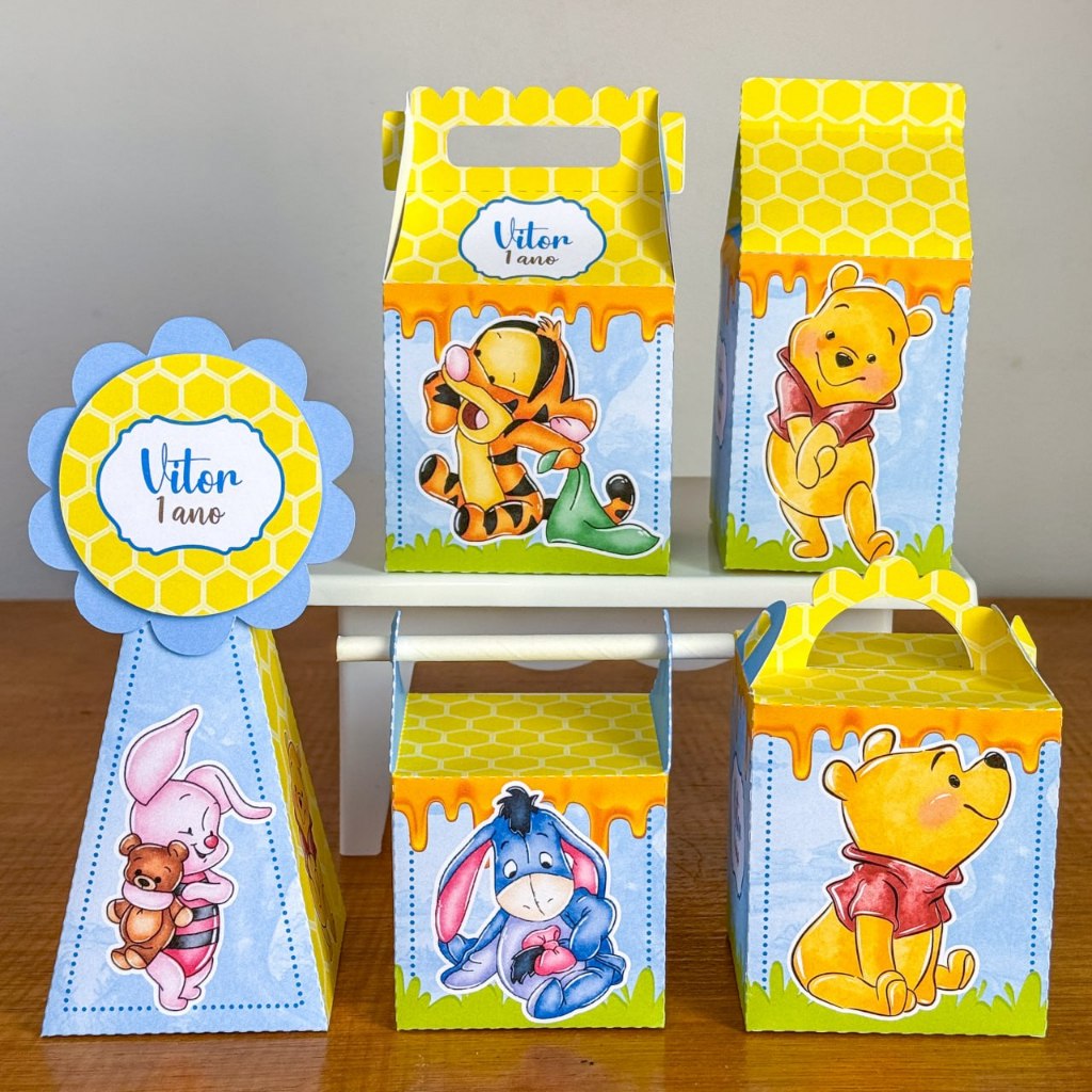 Kit Caixinhas Papelaria Personalizada Ursinho Pooh Lembrancinha Surpresa Aniversário Festa Infantil Desmontado