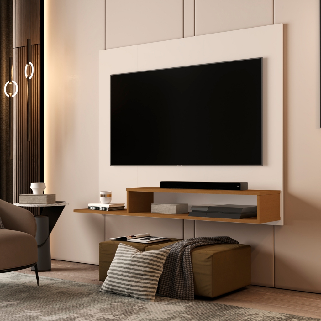 Painel Casa Blanca Suspenso Para TV de 43''  124cm Com 3 Nichos E 3 Prateleiras Ideal Para Sala Nature/Off White
