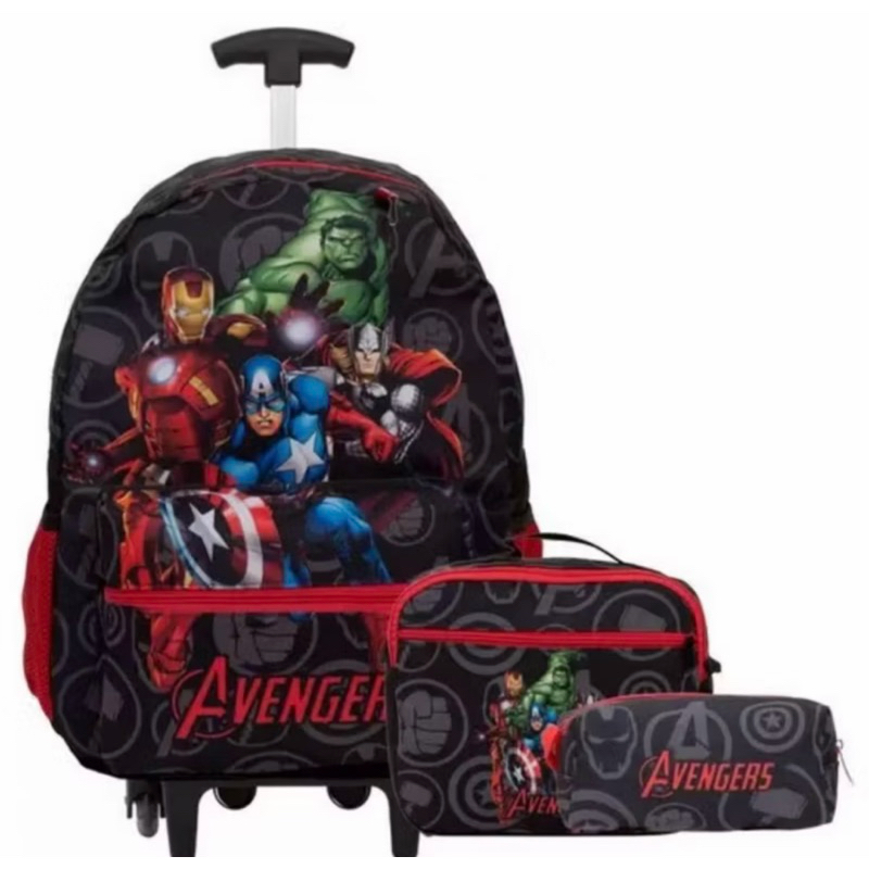 Kit Escolar Os Vingadores Avengers Mochila Tamanho Grande Rodinha Lancheira Térmica e Estojo