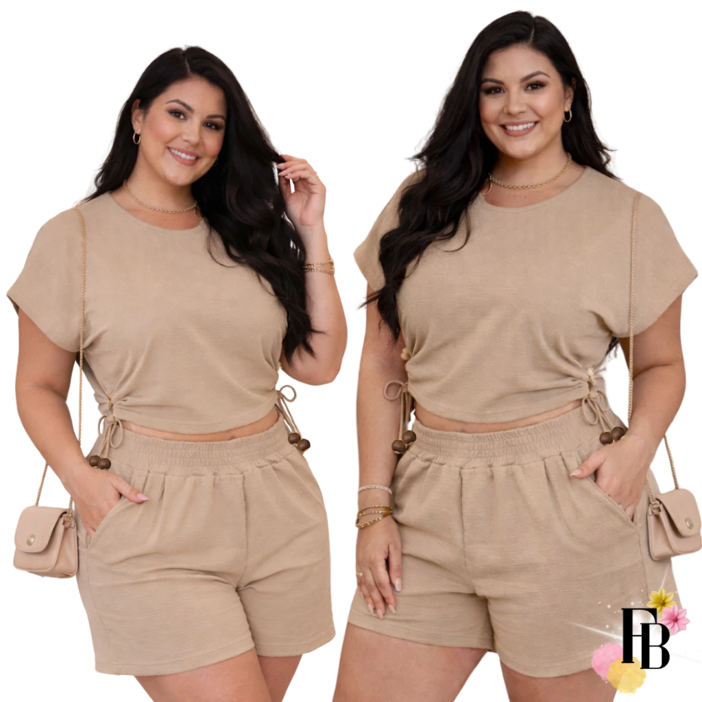 Conjunto Feminino Plus Size do 44 ao 54 Blusa e Short Cintura Alta Bolso Estiloso Chique Premium — imagem 1