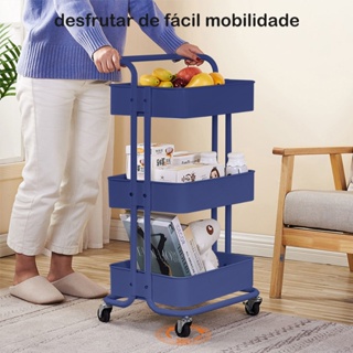 Carrinho Organizador Multiuso - 3 Prateleiras, Desliza Suavemente e Economiza Espaço azul em Oferta na Shopee