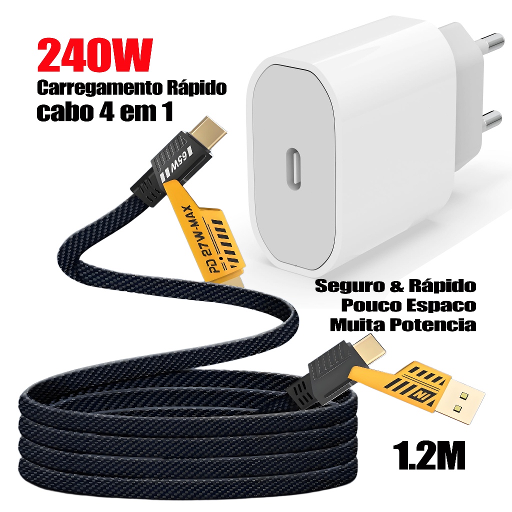 Kit Carregador GaN 240W + Cabo 4 em 1 PD | 3 Opções: Apenas Cabo/Fonte/Combo | Compatível com iPhone/Samsung/Motorola em Oferta na Shopee