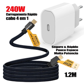 Kit Carregador GaN 240W + Cabo 4 em 1 PD | 3 Opções: Apenas Cabo/Fonte/Combo | Compatível com iPhone/Samsung/Motorola em Oferta na Shopee