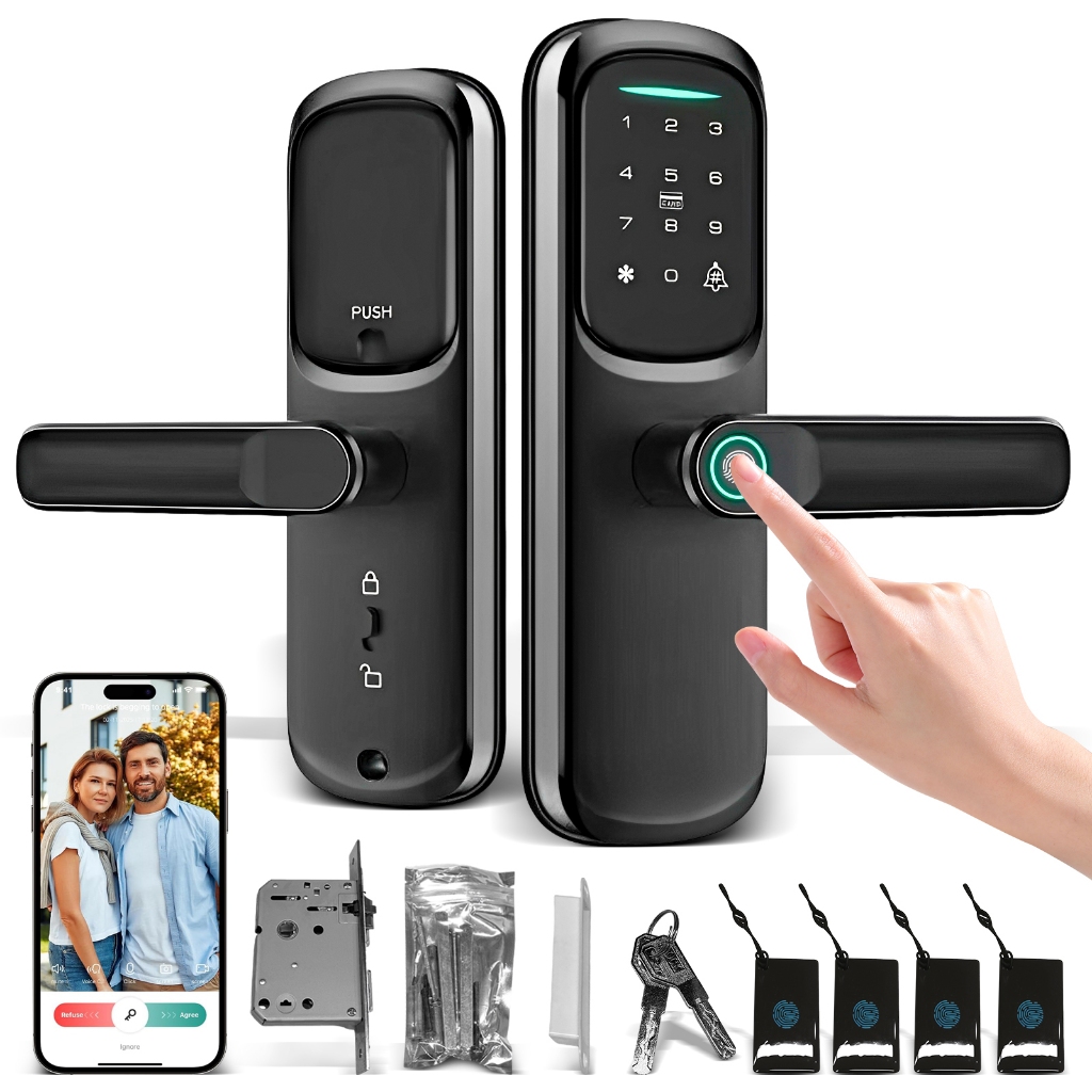 Fechadura Eletrônica Digital 4 em 1 Com Biometria, Bluetooth, Senha Touch, Chave e Tag + Senha + Cartão + App Tuya