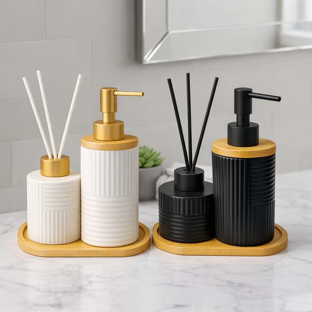 Kit Banheiro Lavabo Completo Porta Sabonete Liquido Dispenser Porta Escova de Dente Cerâmica Luxo