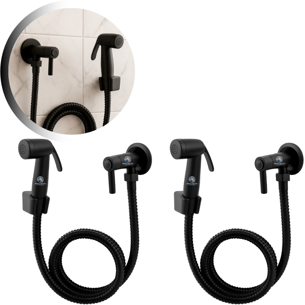 Kit 2 Ducha Higiênica Preta Fosco Completa Com Registro E Mangueira 120cm Para Banheiro