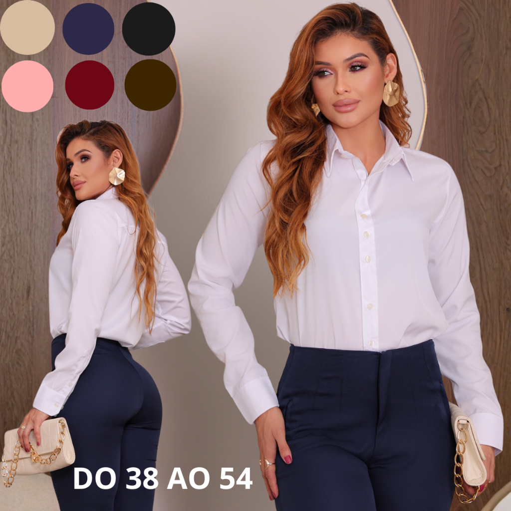 Camisa Social Feminina Manga Longa Botões Elegante Casual Trabalho Escritório Tecido Leve Premium