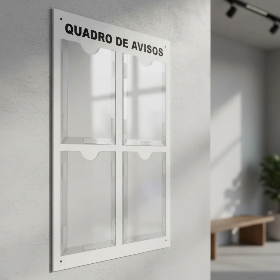 Quadro De Avisos Informativo Gestão Acm Branco Displays A4 em Acrílico