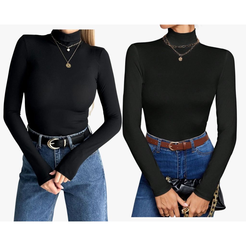 Blusa Manga Longa Cacharrel Gola Alta Feminina Modal Casual Trabalho Elegante Inverno Segunda Pele Confortável Comprida