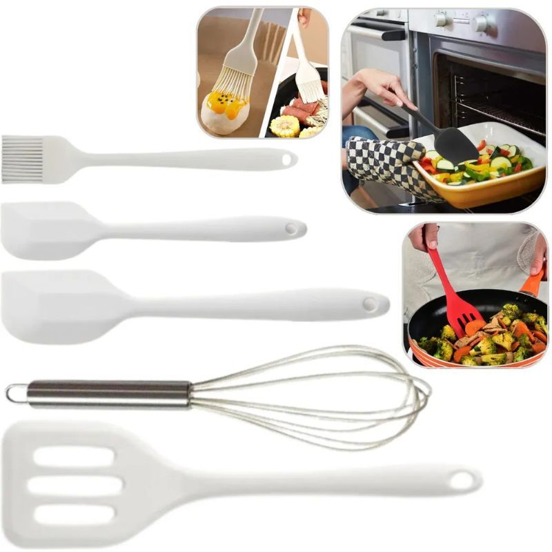 Kit 5 Peças Utensilio De Cozinha Jogo Colheres Espátula Escumadeira Concha Em Silicone