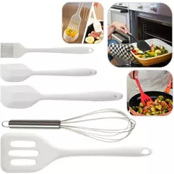 Kit 5 Peças Utensilio De Cozinha Jogo Colheres Espátula Escumadeira Concha Em Silicone