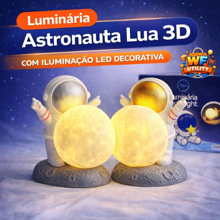 Luminária Astronauta Lua 3D LED Decorativa Luz Noturna Quarto Infantil