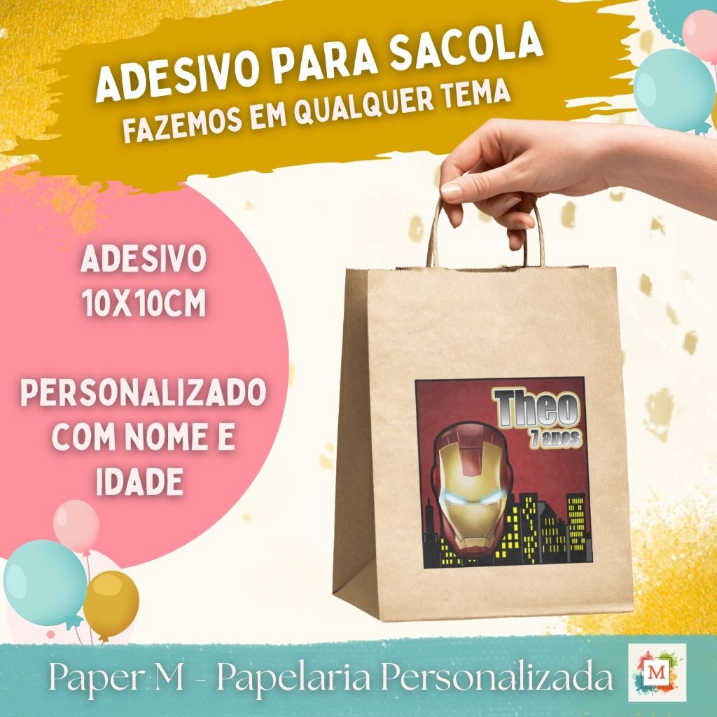Rótulo Adesivo Para Sacola Personalizado | Homem de ferro | Adesivo Bolsinha | Sacolinha Surpresa