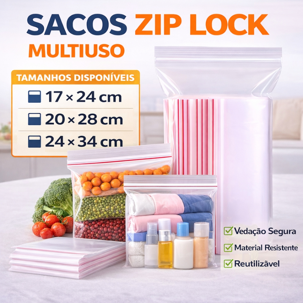 Saco Zip Lock Grande Plástico Fechamento Hermético Atacado Organização Abre Fecha Viagem e Maternidade