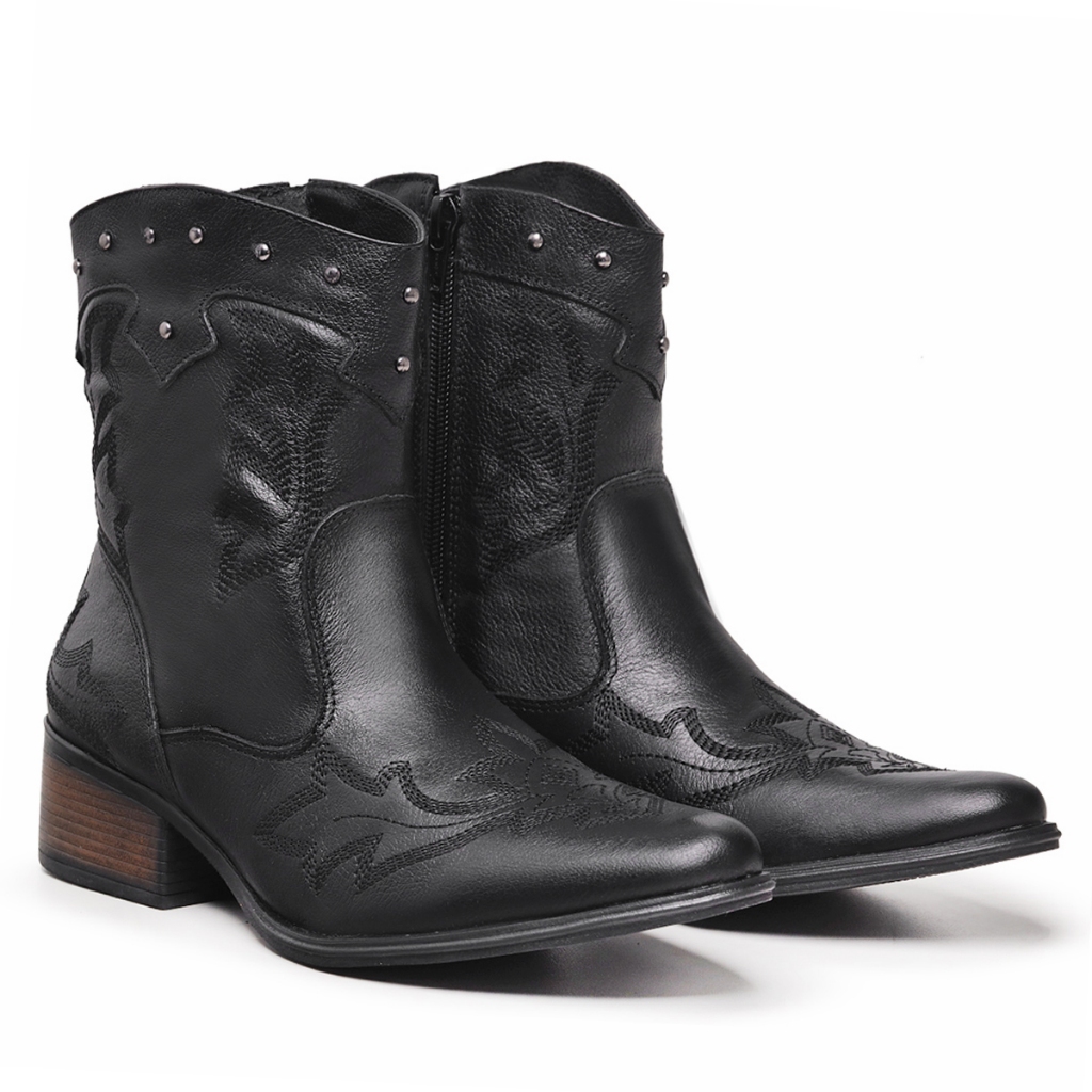 Bota Western Texana Femini Couro Legítimo Tendência Blogueira Country Bordada Cano Curto Estilo Boho