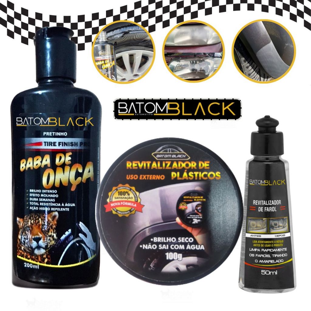 Kit Limpeza de Carro com Revitalizador de Plásticos, Pretinho de Pneus e Limpa Farol Novo Batom Black