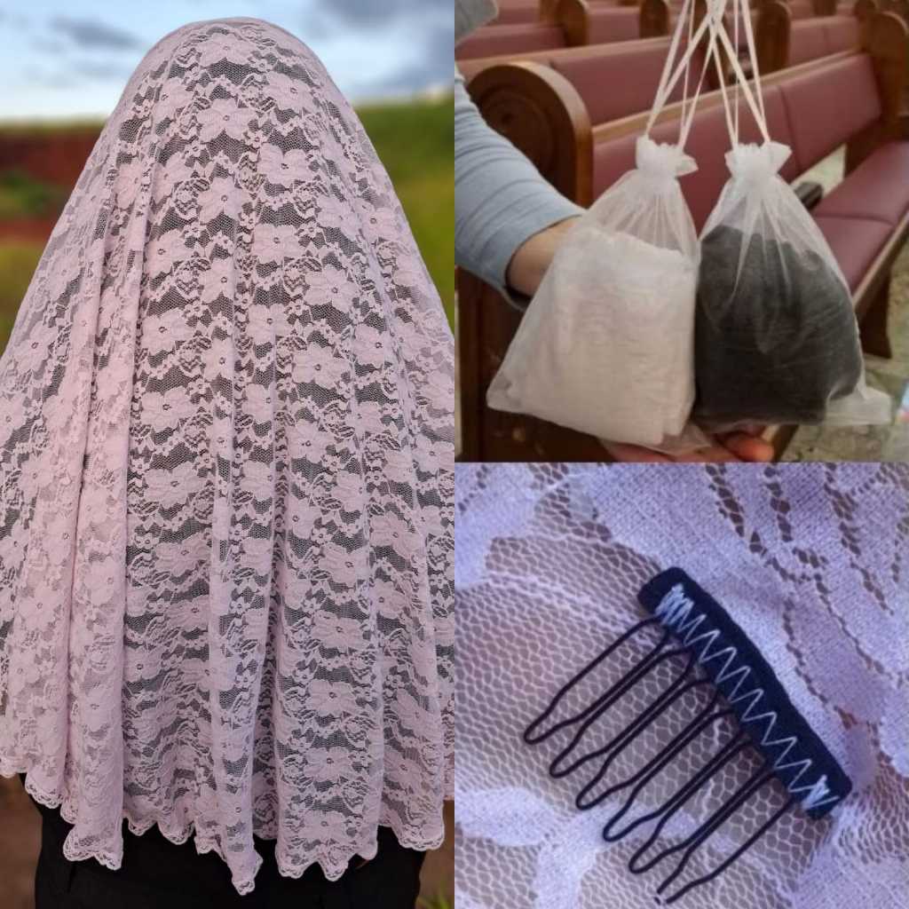 KIT- VÉU CATÓLICO ROSA CLARO PARA MISSA + PENTE FIXADOR + PORTA VÉU