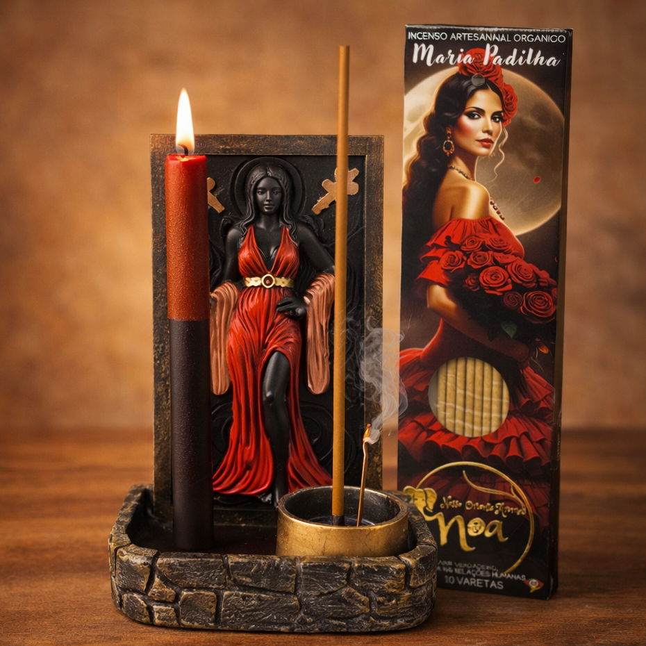 Painel Altar Pombagira Com Porta Incenso e Vela Ritual Decorativo Umbanda Quimbanda Resina 17cm