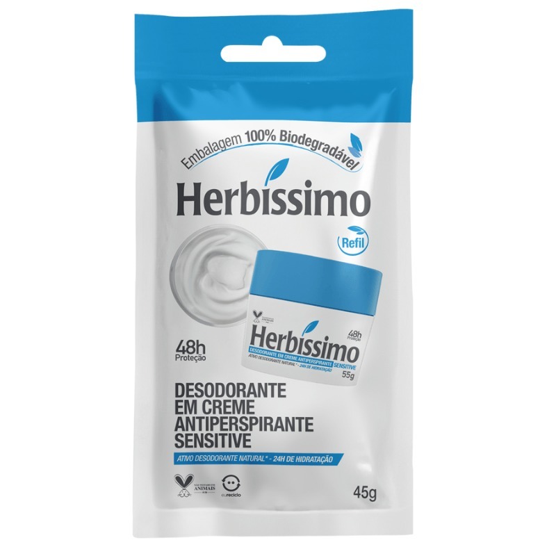 Sachê Refil Desodorante Creme Antitranspirante Sensitive Herbíssimo 45G