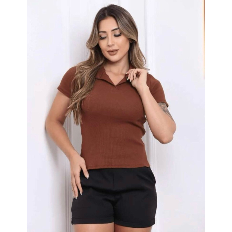 BLUSA GOLA POLO MODA FEMININA BÁSICO CASUAL SOCIAL TRABALHO RIBANA ALGODÃO MANGUINHA VERÃO DIA A DIA ELEGANTE