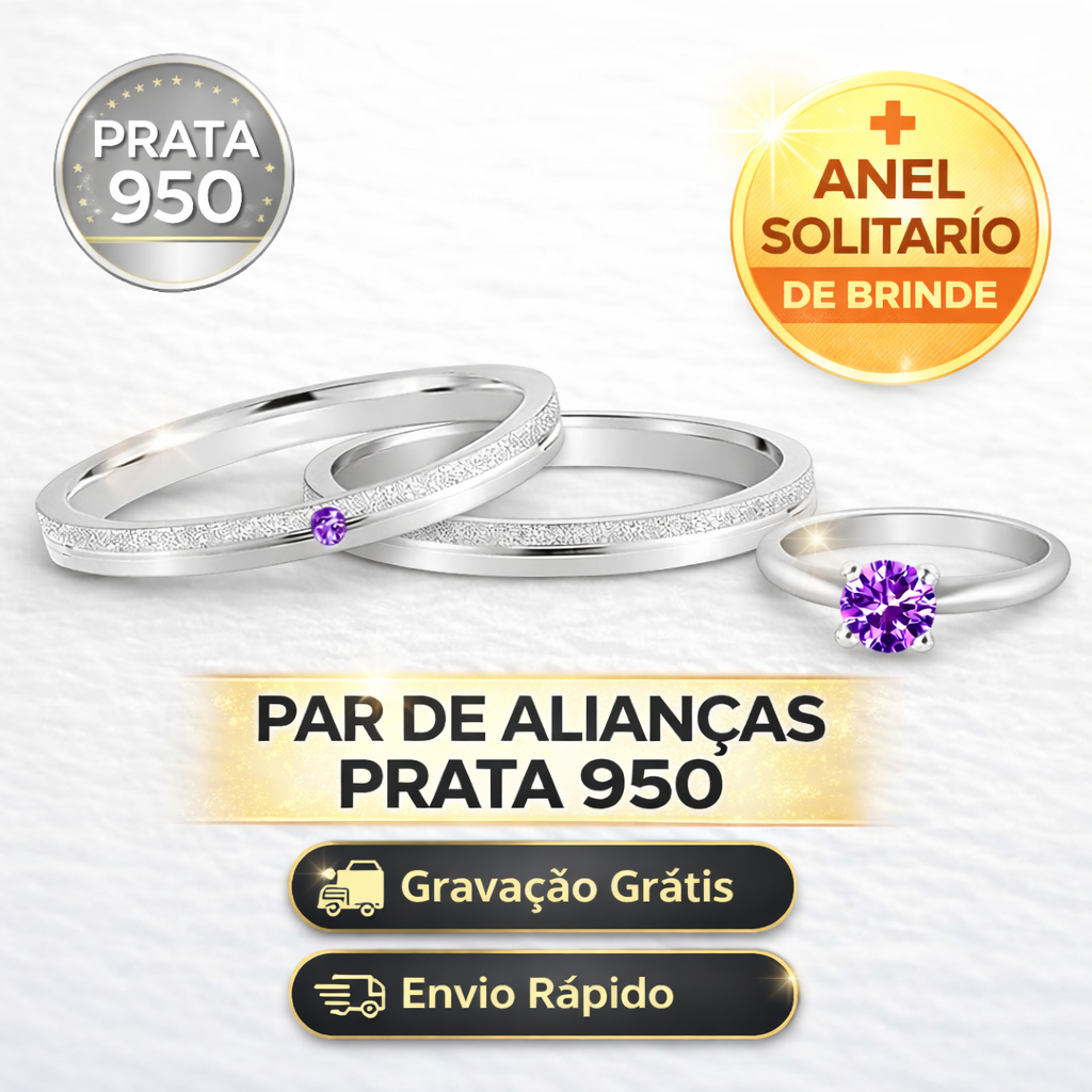 PAR DE ALIANÇAS PRATA 950 2MM + ANEL SOLITÁRIO 925 PEDRA ROXA NAMORO GRAVAÇÃO