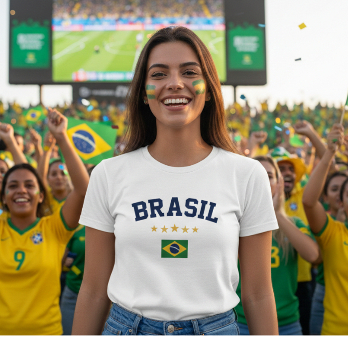 Camiseta Brasil 5 Estrelas Feminina – Camisa Seleção Brasileira Estampada 100% Algodão Confortável
