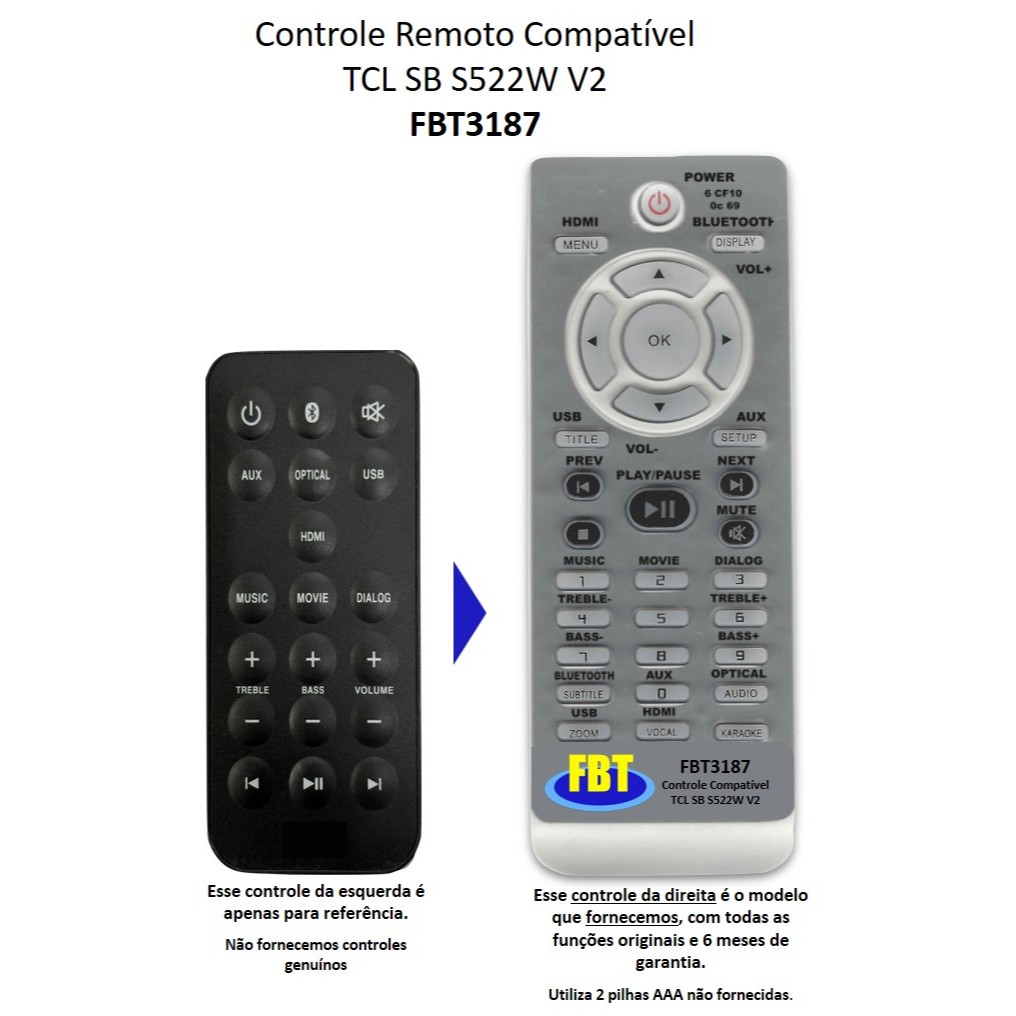 Controle Remoto Compatível TCL Soundbar S522W V2 FBT3187
