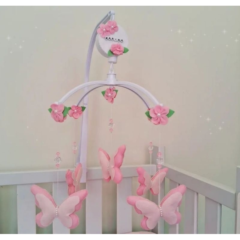 Móbile Musical para Berço Borboleta Rosa Giratório – Decoração Bebê Menina – Móbile para Bebê