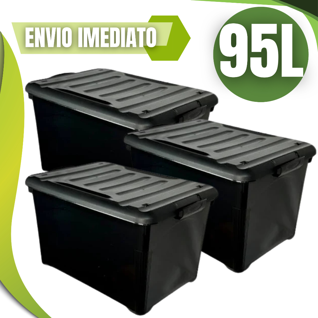 Kit 03 Unidades Caixa organizadora 95 Litros Com Trava e Rodinha Empilhavel