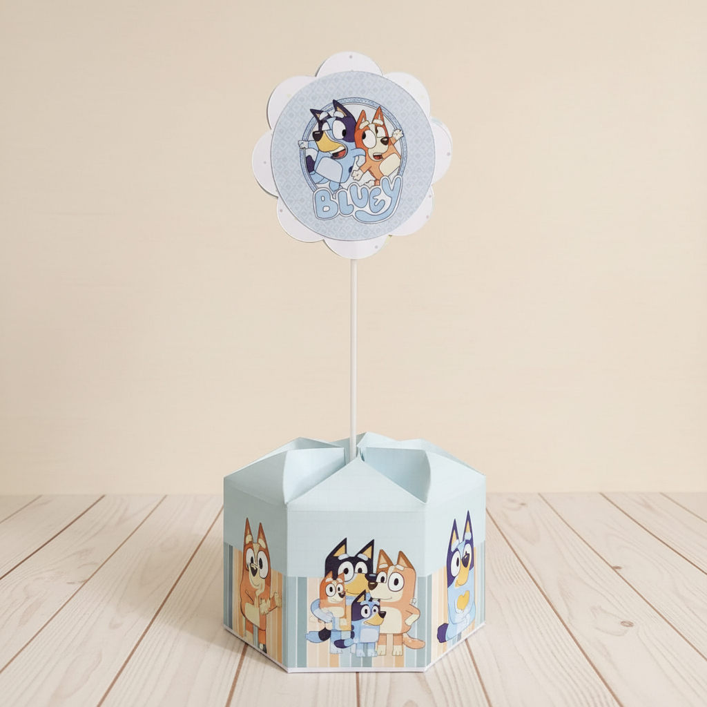 Centro de Mesa Bluey Caixa Sextavada para Festa | Decoração de Mesa Aniversário