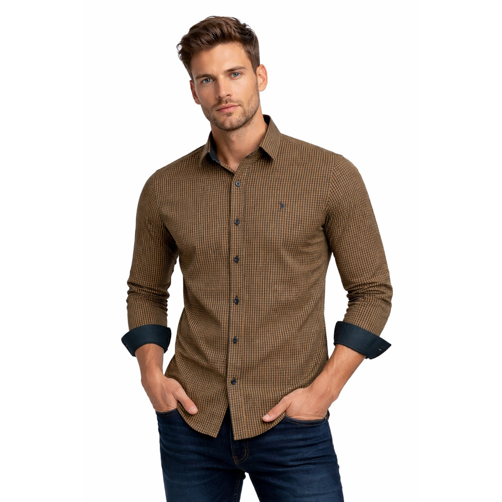 Camisa Social Masculina Amil Micro Xadrez Slim Sem Bolso Fio 50 100% Algodão