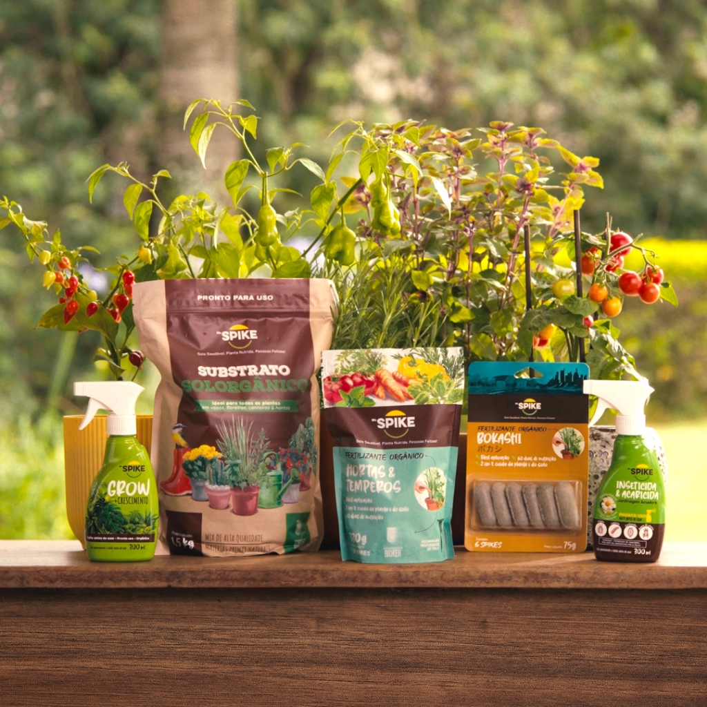 Kit Orgânico Horta & Tempero Caseiro  Mr Spike: Adubo + Bokashi + Substrato + Grow + Inseticida Natural