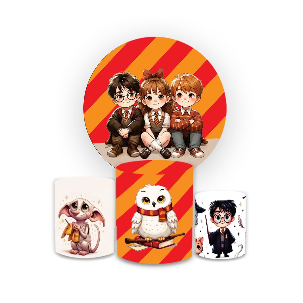 Kit Painel Redondo 1,5m + Trio Capas Cilindro Castelo Mágico Raio Bruxos