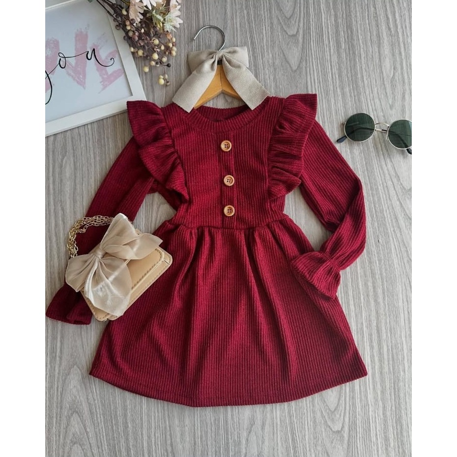 Vestido Inverno Infantil e Juvenil Lanzinha Canelada com Detalhes de Botão Vestido Midi Teen Frufru (VINF432) em Oferta na Shopee
