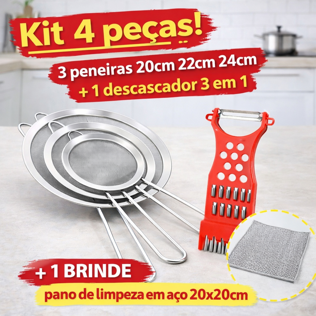 3 Pçs Peneira Coador Em Aço Inox Para Cozinha 3 Tamanhos P M G + Decascador 3 em 1