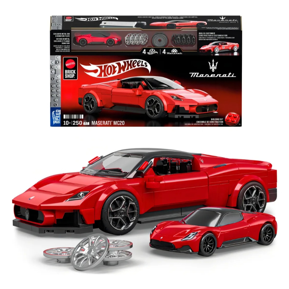 Mattel Brick Shop Hot Wheels Speed Maserati Mc20 com Placa de Colecionadores - com 1 carrinho de metal para coleção.