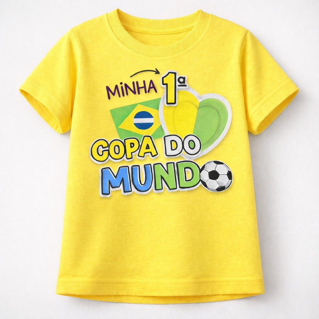 Camiseta Camisa Infantil Minha 1ª Copa do Mundo Brasil Copa Futebol Torcedor Algodão Premium