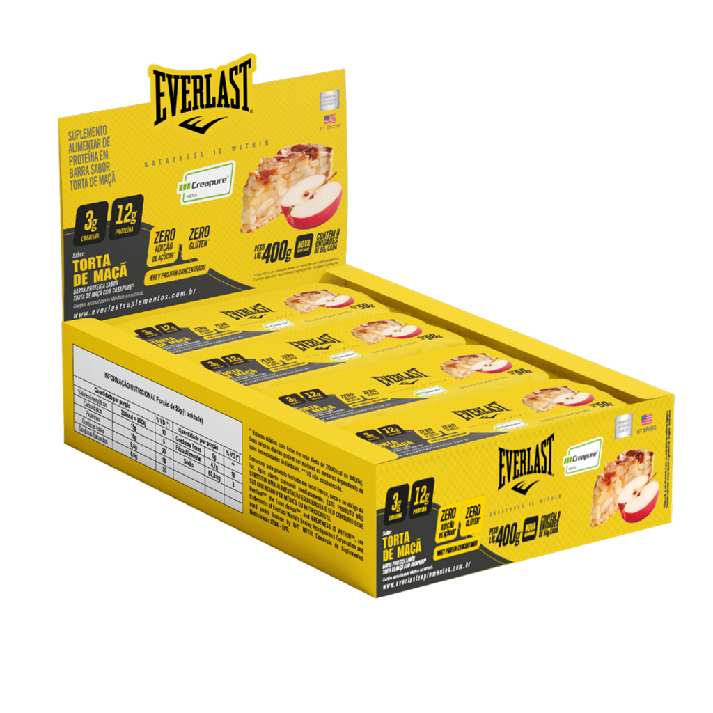 Caixa Barra de Proteína Com Creatina Creapure 50g Sabor Torta de Maçã 8Un - Everlast Suplementos