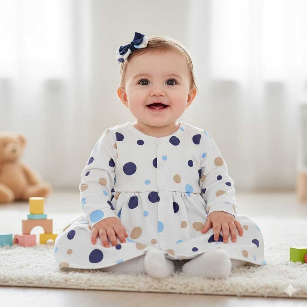 Vestido Menina Kids Bebê Manga Longa Bolas Marinho + Faixinha de Cabelo Inverno