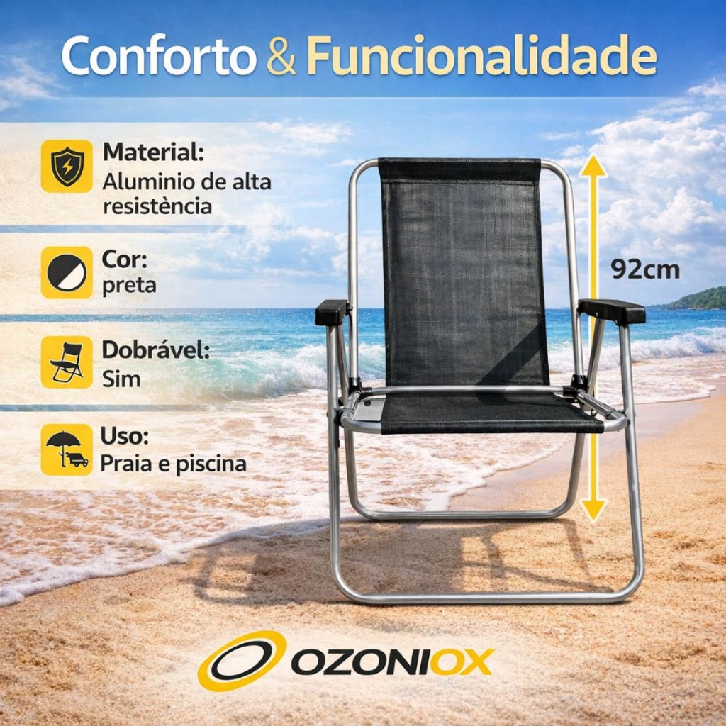 Cadeira Praia Mor Alta Piscina Praia Cor Preta  Aluminio