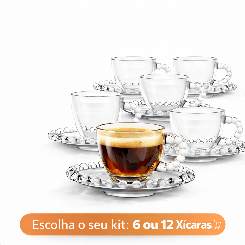 Jogo De Xícaras E Pires Em Vidro Transparente 12 Peças Para Café 100ml Pearl Pérola Bolinha