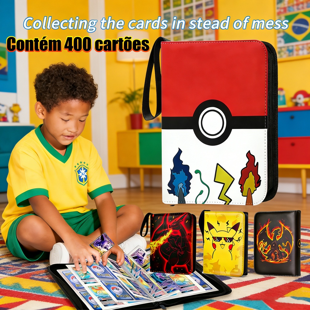Fichário Pasta Álbum para 400 Cartas Pokémon TCG - Capa Dura 50 Folhas com Zíper e Álbum de cartas de anime em Oferta na Shopee