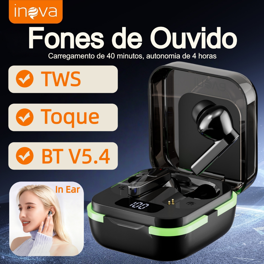 Inova Fone de Ouvido Bluetooth–TWS, Cancelamento de ruído básico, In Ear/Bateria de 4 Horas em Oferta na Shopee