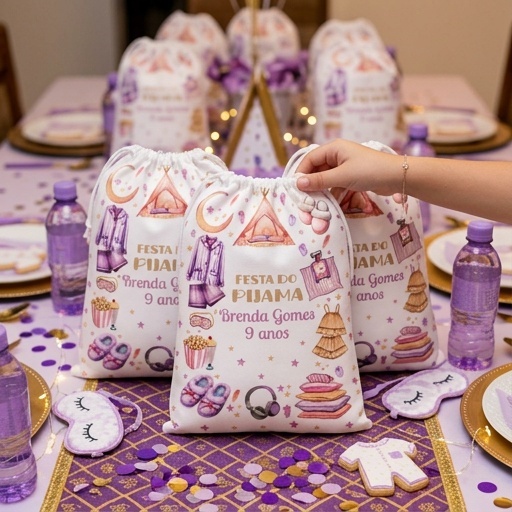 10 sacolinhas personalizada tecido FESTA DO PIJAMA  lembrancinhas  festa de aniversario 30cmx20cm